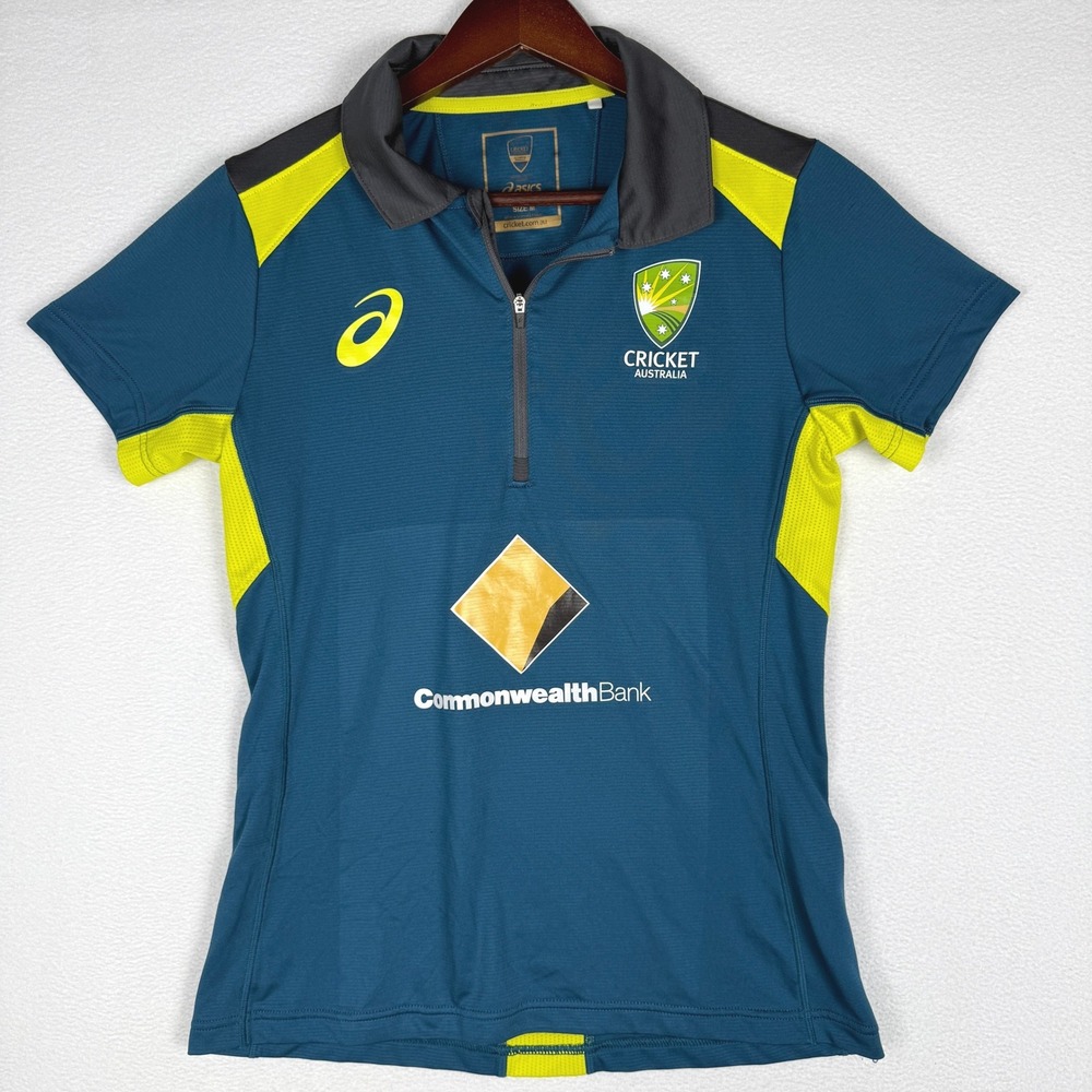 Asics Cricket Australia Polo Shirt Womens 10 M Teal Yellow 1/4 Zip Top